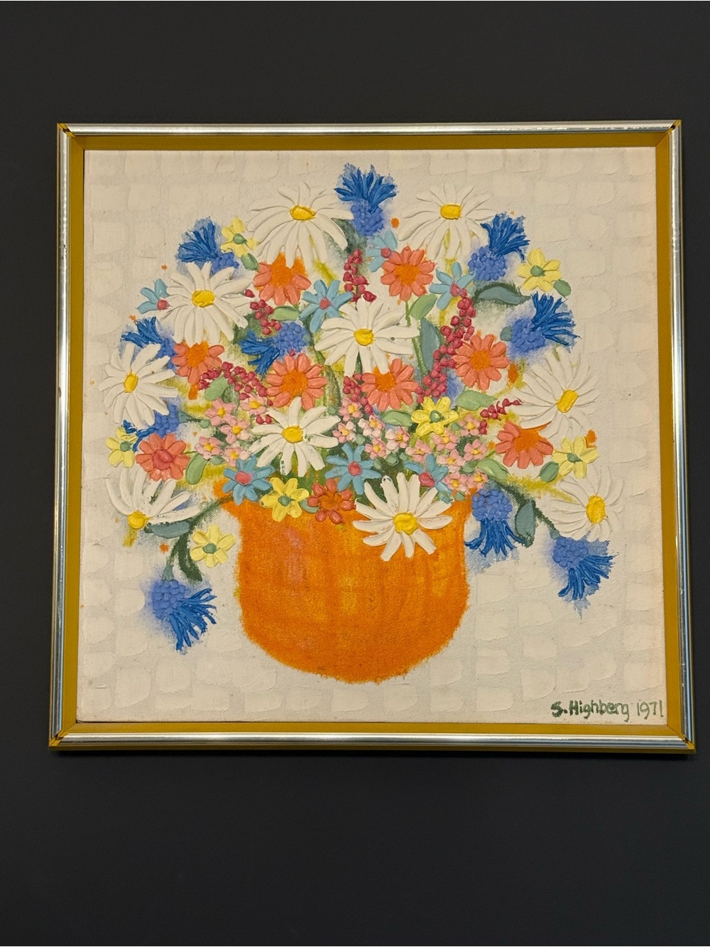Vintage Floral Bouquet Painting in Orange Vase